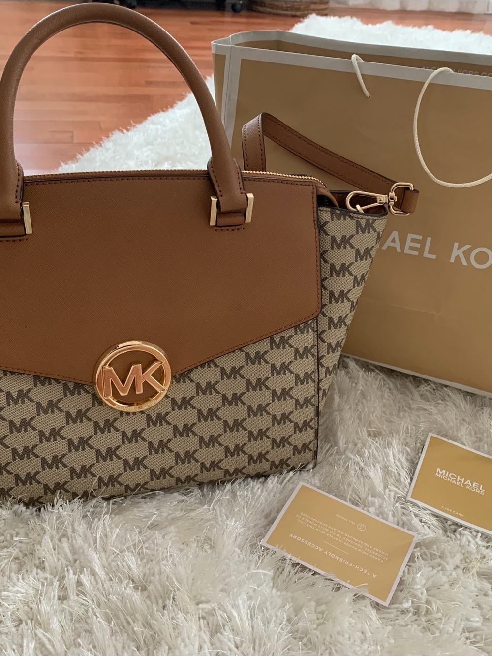 Michael Kors Tan/Brown Signature MK Satchel with Gold Hardware